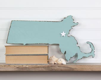 Massachusetts Home State Wood Sign Cutout Silhouette Wall Art Personalized with Heart or Star. Housewarming, Anniversary, Wedding Guestbook