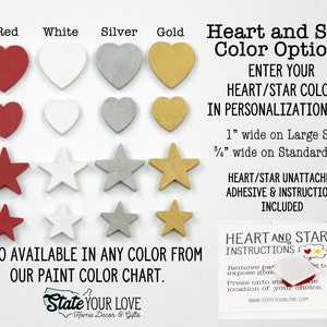 May include: Heart and star wooden shapes in red, white, silver, and gold. The shapes are available in two sizes: 1 inch wide and 3/4 inch wide. The image includes instructions for attaching the shapes with adhesive.