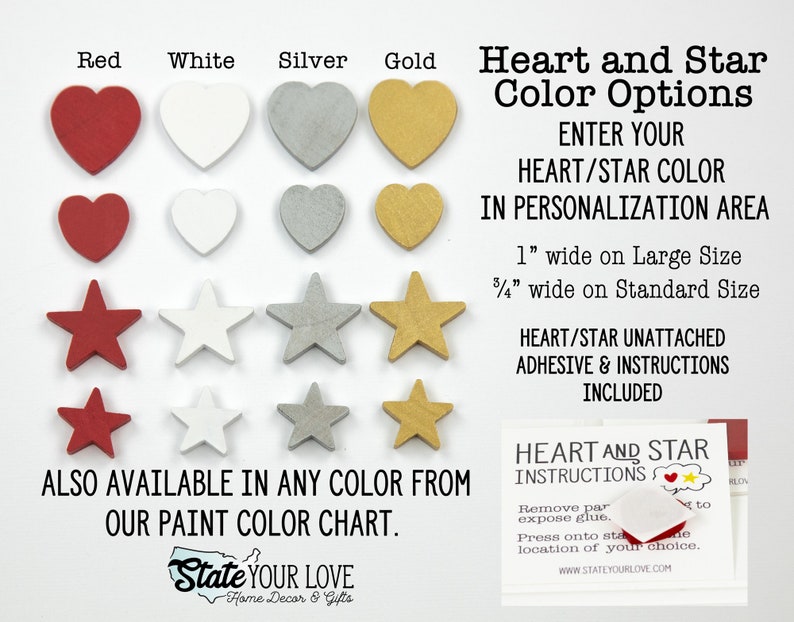 May include: Heart and star wooden shapes in red, white, silver, and gold. The shapes are available in two sizes: 1 inch wide and 3/4 inch wide. The image includes instructions for attaching the shapes with adhesive.