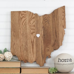 Letrero de madera recortado con forma de estado de Ohio para pared. Placa rústica moderna de estilo rústico. Inauguración de la casa, libro de visitas de boda, regalo de aniversario, cueva del hombre