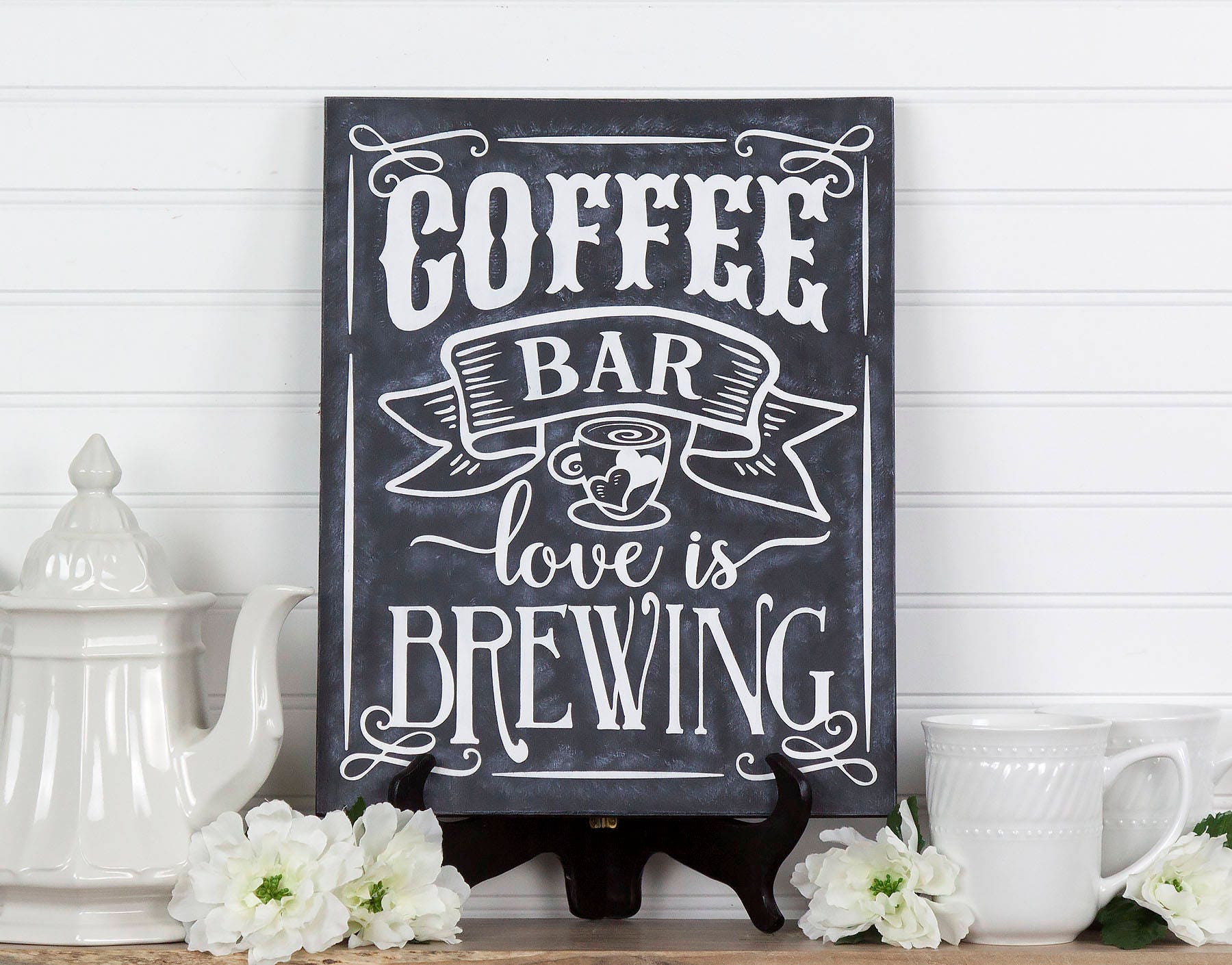 Coffee Bar Love is Brewing Chalkboard Style Painted Wood Sign Etsy