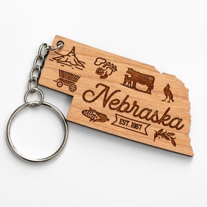 Nebraska State Shaped Engraved Wood Keychain - State Icons and Symbols - Choice of Cherry or Maple Wood