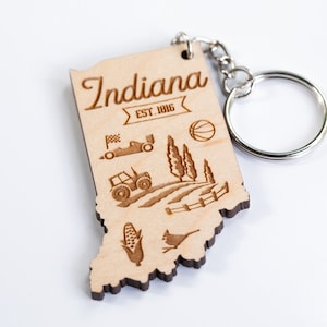 Indiana State Shaped Engraved Wood Keychain - State Icons and Symbols - Choice of Cherry or Maple Wood
