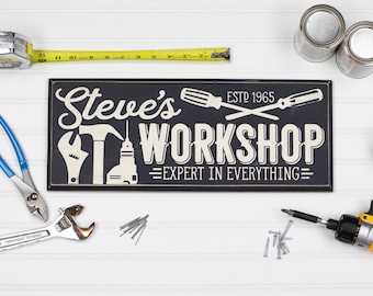 Personalized Workshop or Garage Wood Sign Wall Art Plaque. Custom Shop Sign, Handyman Tools. Husband Gifts for Him, Retro, Vintage Style