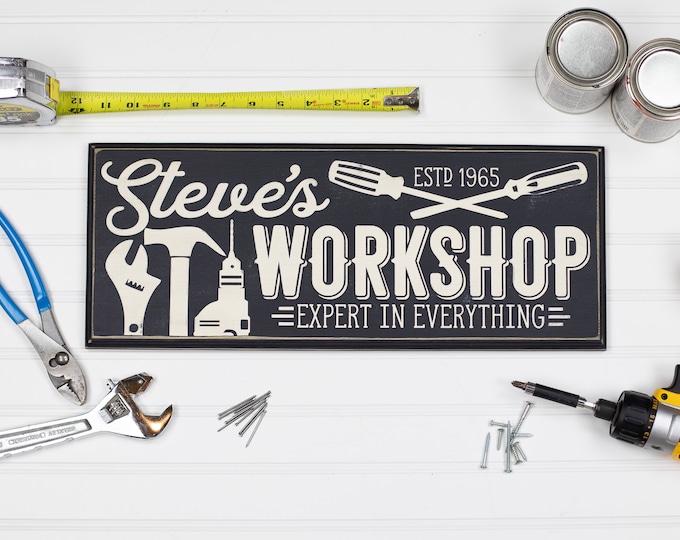 Personalized Workshop or Garage Wood Sign Wall Art Plaque. Custom Shop Sign, Handyman Tools. Husband Gifts for Him, Retro, Vintage Style