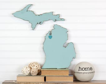 Michigan Home State Wood Sign Cutout Silhouette Wall Art Personalized with Heart or Star. Housewarming, Anniversary Gift, Wedding Guestbook