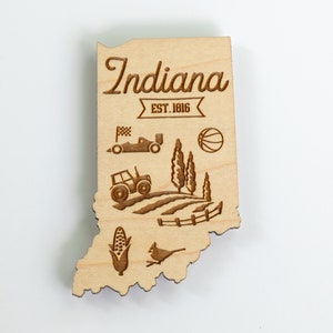 Indiana State Shaped Engraved Wood Magnet - State Icons and Symbols - Choice of Cherry or Maple Wood