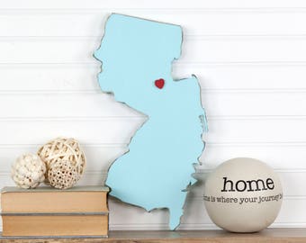 New Jersey Home State Wood Sign Cutout Silhouette Wall Art Personalized with Heart or Star. Housewarming, Anniversary, Wedding Guestbook