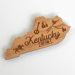Kentucky State Shaped Engraved Wood Magnet - State Icons and Symbols - Choice of Cherry or Maple Wood