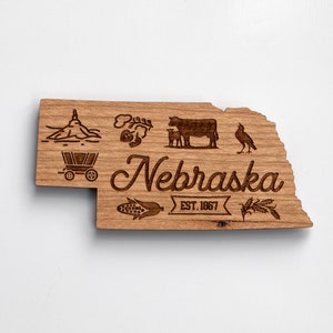 Nebraska State Shaped Engraved Wood Magnet - State Icons and Symbols - Choice of Cherry or Maple Wood
