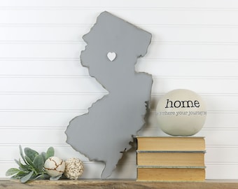 New Jersey Home State Wood Sign Cutout Silhouette Wall Art Personalized with Heart or Star. Housewarming, Anniversary, Wedding Guestbook