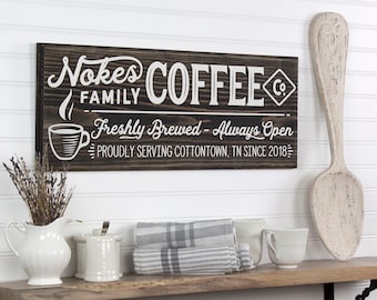 Personalized Coffee Shop Farmhouse Retro Style Wood Sign. 3 Sizes 9 Colors. Family Name, City, State, Country Kitchen Coffee Station Decor