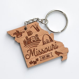 Missouri State Shaped Engraved Wood Keychain - State Icons and Symbols - Choice of Cherry or Maple Wood