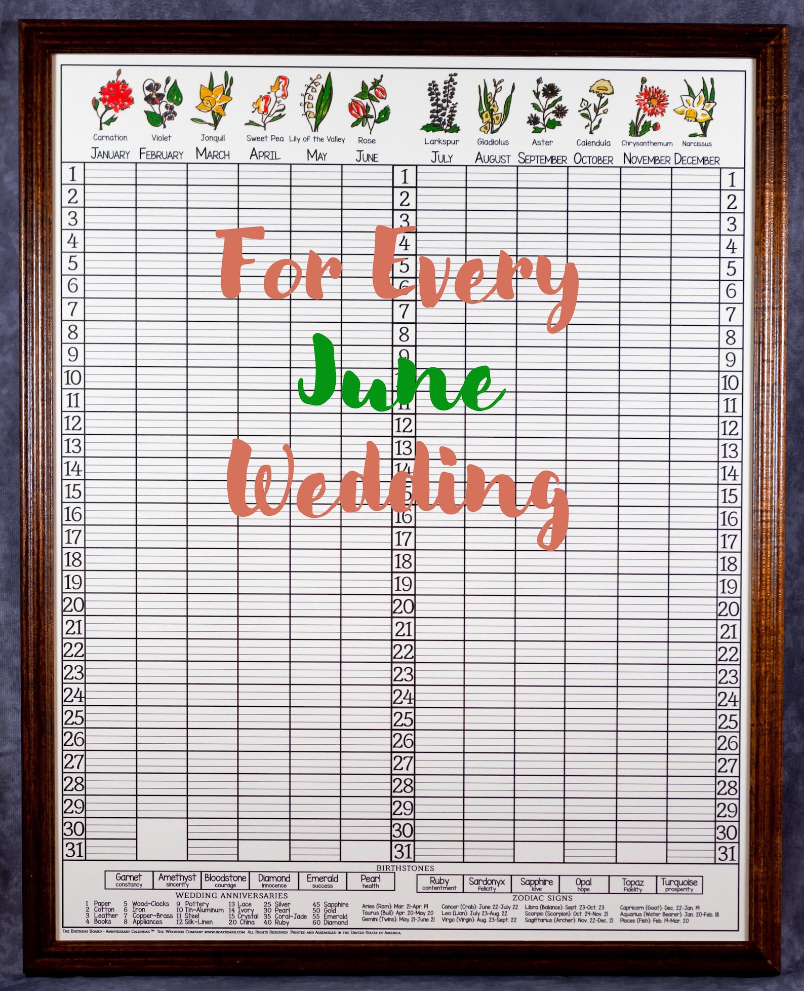 Framed Birthday & Anniversary Calendar: Perpetual Wall Hanging - Walnut - Classic