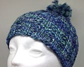 Children's blue hand spun and hand knit hat with bobble
