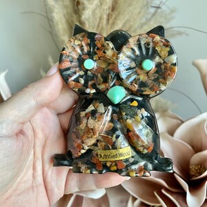 Retro Resin Owl with Petrified Wood