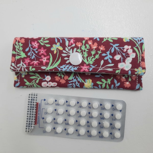 Red fabric pill case with flowers, pill pouch,