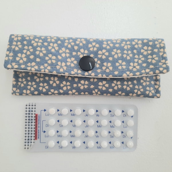 Blue forget-me-not coated fabric pill case, pill pouch,