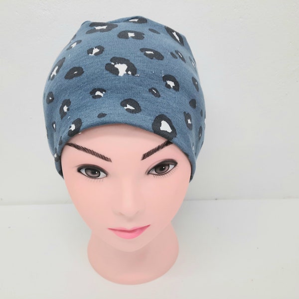 Bonnet Jersey chimio, bonnet chimio bleu panthère, bonnet Jersey chimio