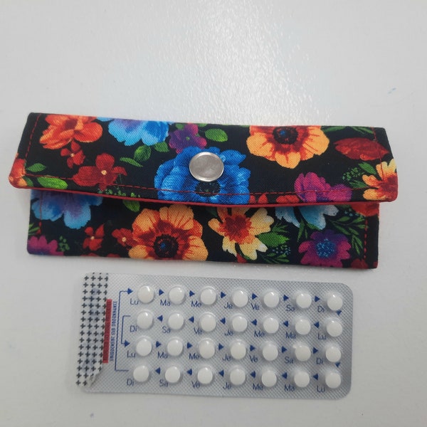 Black fabric pill case with colorful flowers, pill pouch,