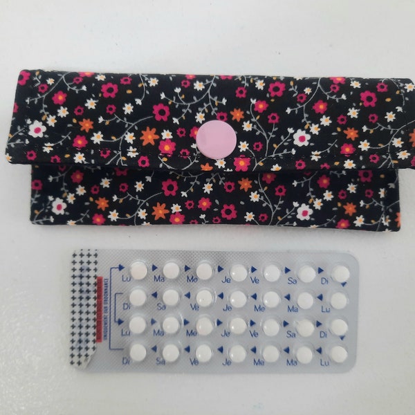 Black fabric pill case with pink flowers, pill pouch,
