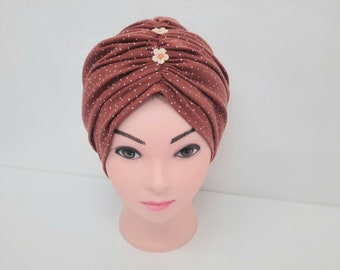 Bonnet turban Jersey chimio, turban chimio Terracotta pois, bonnet Jersey chimio