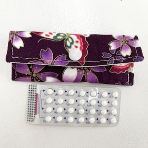 Japanese pill case purple flowers, pill pouch,