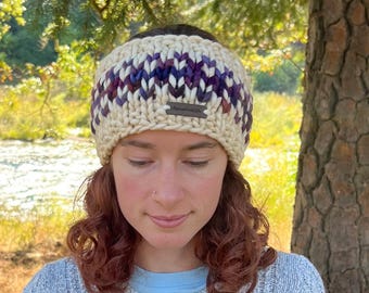 Chunky Knit Merino Wool Ear Warmer - Knitted Fair Isle Headband for Fall and Winter