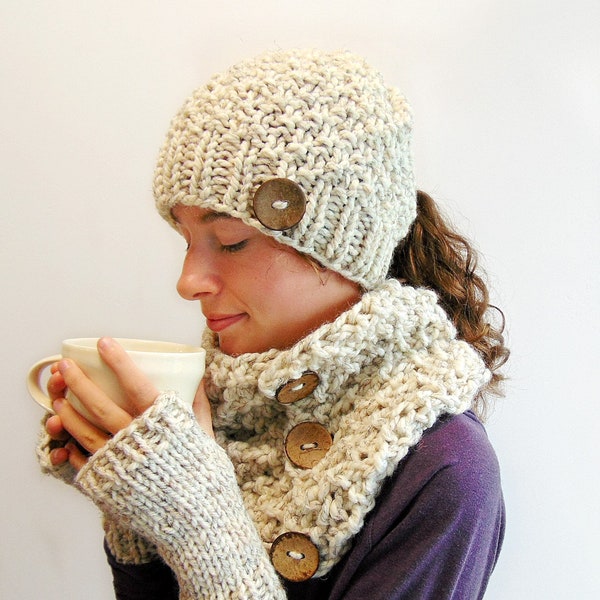 Chunky Knit Ponytail Beanie, Fingerless Gloves & Button Cowl Set