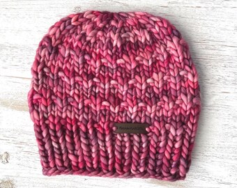 Chunky Knit Merino Wool Beanie - Pink Hand Knitted Winter Hat for Women