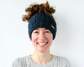 Chunky Knit Ear Warmer - Blue Knitted Headband for Fall & Winter -  Handmade