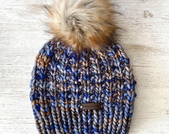 Merino Wool Chunky Knit Beanie with Faux Fur Pom Pom - Hand Knitted Fall Winter Hat for Women