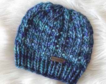 Merino Wool Chunky Knit Beanie - Blue Hand Knit Luxury Winter Hat for Women