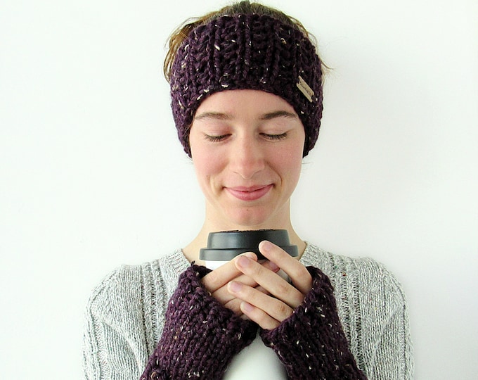 Chunky Knit Ear Warmer & Fingerless Gloves Set - Knitted Headband and ...