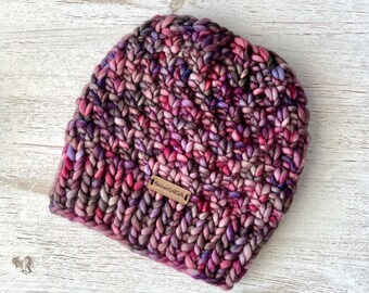 Merino Wool Chunky Knit Beanie - Hand Knitted Fall Winter Hat for Women in Pink Multi