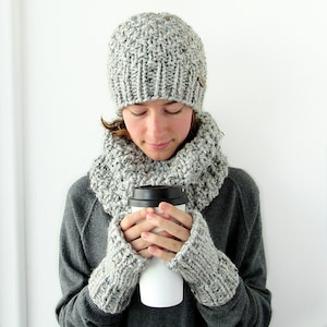 3 Piece Matching Chunky Knit Hat and Cowl Scarf & Fingerless Gloves Set - Women&#39;s Beanie, Circle Scarf and Fingerless Mittens