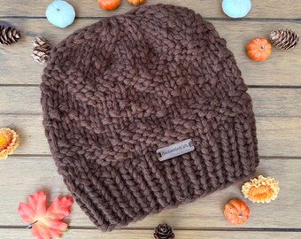 Hand Knit Merino Wool Beanie: Chocolate Brown Chevron Winter Hat
