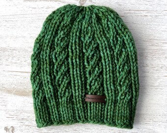 Green Merino Wool Cable Knit Beanie for Women or Men - Hand Knitted Hat for Fall and Winter