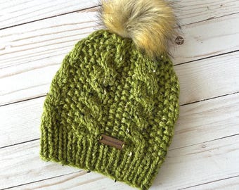 Alpaca & Merino Wool Chunky Cable Knit Beanie Hat- Green Hand Knit Merino Pom Pom Winter Hat - Luxe