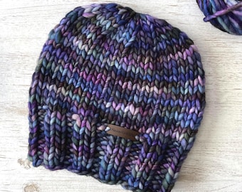 Merino Wool Chunky Knit Beanie - Purple and Blue Hand Knit Luxury Winter Hat for Women