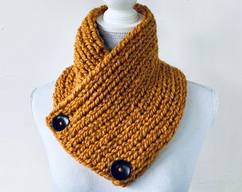 Chunky Knit Buttoned Cowl Scarf in Dark Mustard Yellow - Women's Fall and Winter Circle Scarf - Handmade Gift for Her