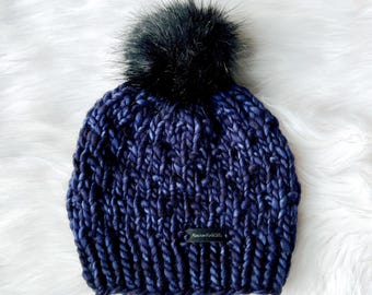 Merino Wool Chunky Knit Beanie with Pom- Hand Knit Luxury Winter Pompom Hat for Women
