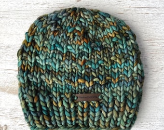 Chunky Knit Merino Wool Beanie - Green Hand Knitted Winter Hat for Women or Men