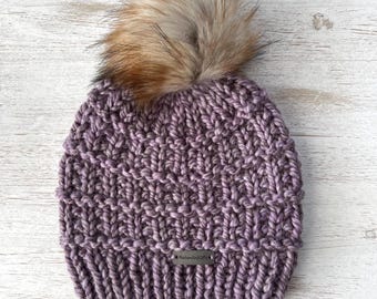 Lilac Chunky Knit Beanie with Faux Fur  Pom Pom - Hand Knitted Women's Fall Winter Hat with Pom