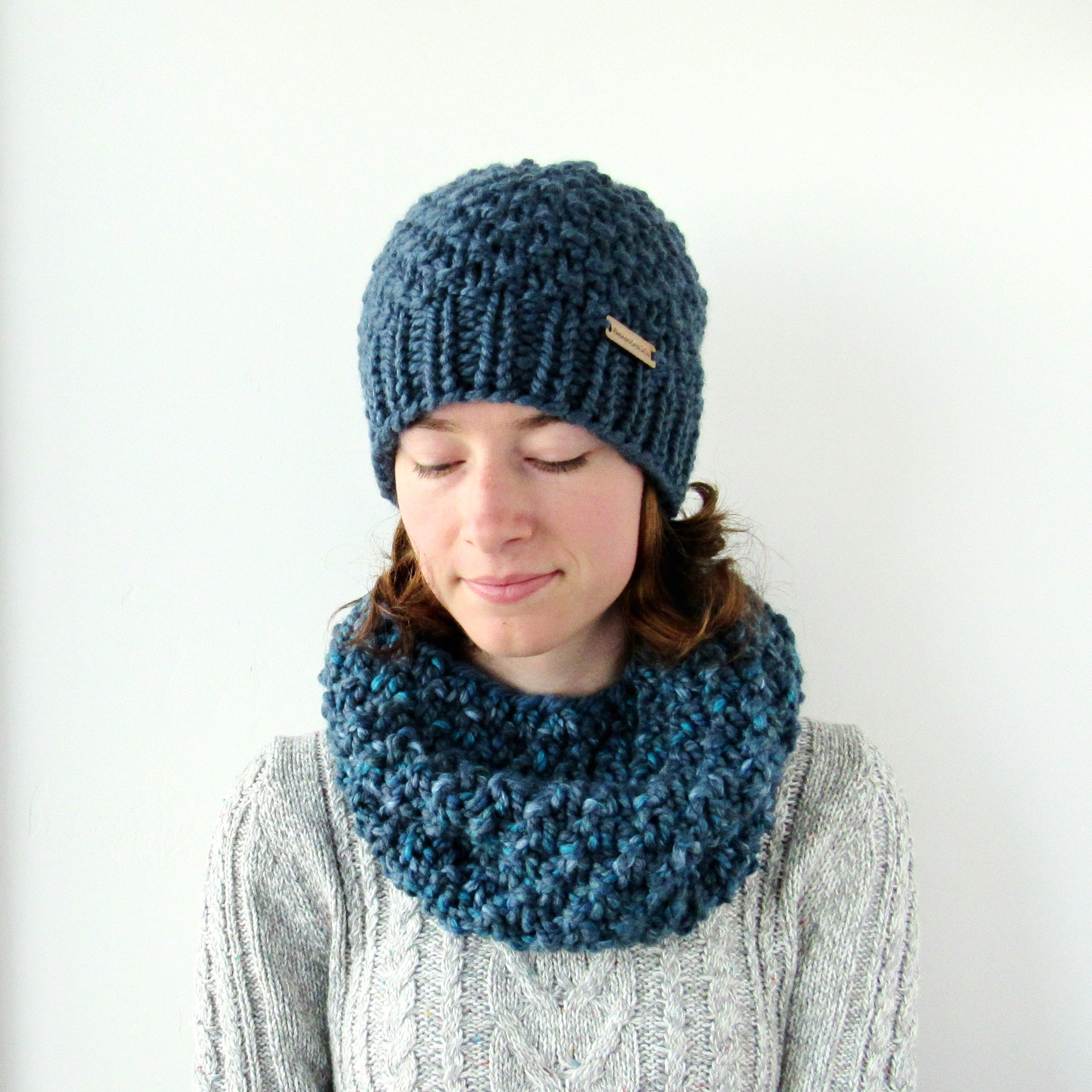 Chunky Knit Beanie and Cowl Set - Women's Hat and Circle Scarf Set for ...