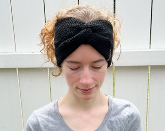 Black Merino Alpaca Knitted Ear Warmer - Luxery Knit Head Wrap - Twisted Winter Headband