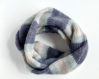 Knitted Infinity Scarf - Merino Wool Cowl Knit Striped Scarf - Gray Stripes