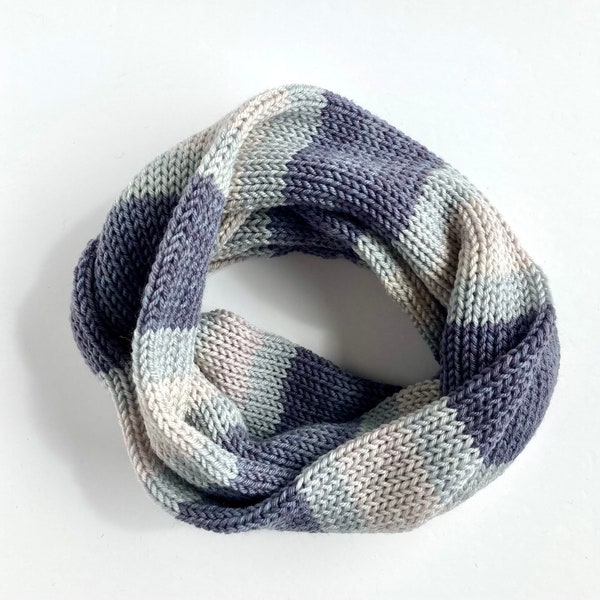 Knitted Infinity Scarf - Merino Wool Cowl Knit Striped Scarf - Gray Stripes