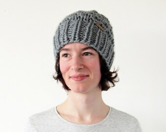 Gray Chunky Knit Beanie Hat - Women's Winter Knitted Cap - Handmade in USA