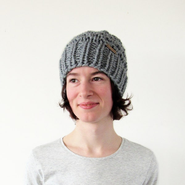 Gray Chunky Knit Beanie Hat - Women's Winter Knitted Cap - Handmade in Alaska